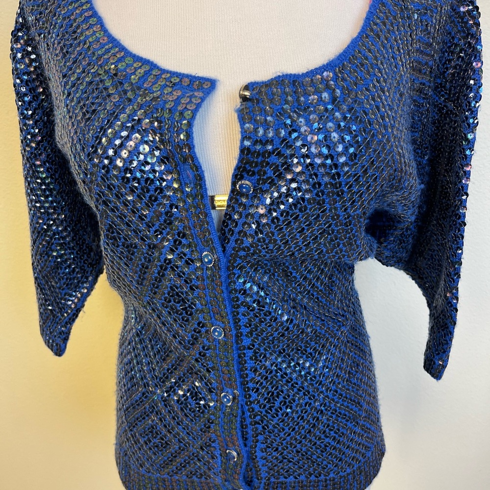 Free People Iridescent Art Deco-Inspired Blue Sequin Button-Down Sweater